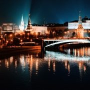 Russian – Moscow bridge with lighted buildings in the background Russian - Moscow bridge with lighted buildings in the background