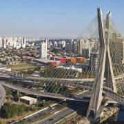Famous Cable-stayed Bridge At Sao Paulo City. Brazil. Aerial Vie Bridge in Sao Paulo, Brazil