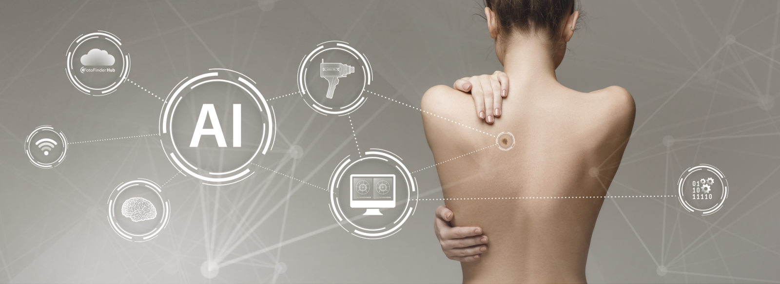 Zur Hautkrebsfrühsterkennung wird die Expertensoftware Moleanalyzer pro von Fotofinder von Künstlicher Intelligenz unterstüzt.
The physician is supported in the analysis and risk assessment of skin lesions by the expert software Moleanalyzer pro, which works with a powerful AI-based deep learning algorithm.